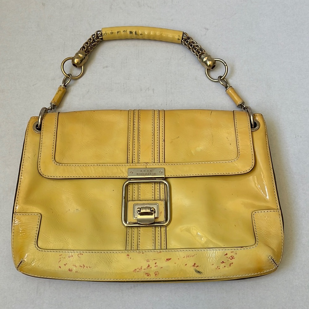 Anya Hindmarch Patent Bag with Chain, Envelope with Latch, Gold Hardware defect